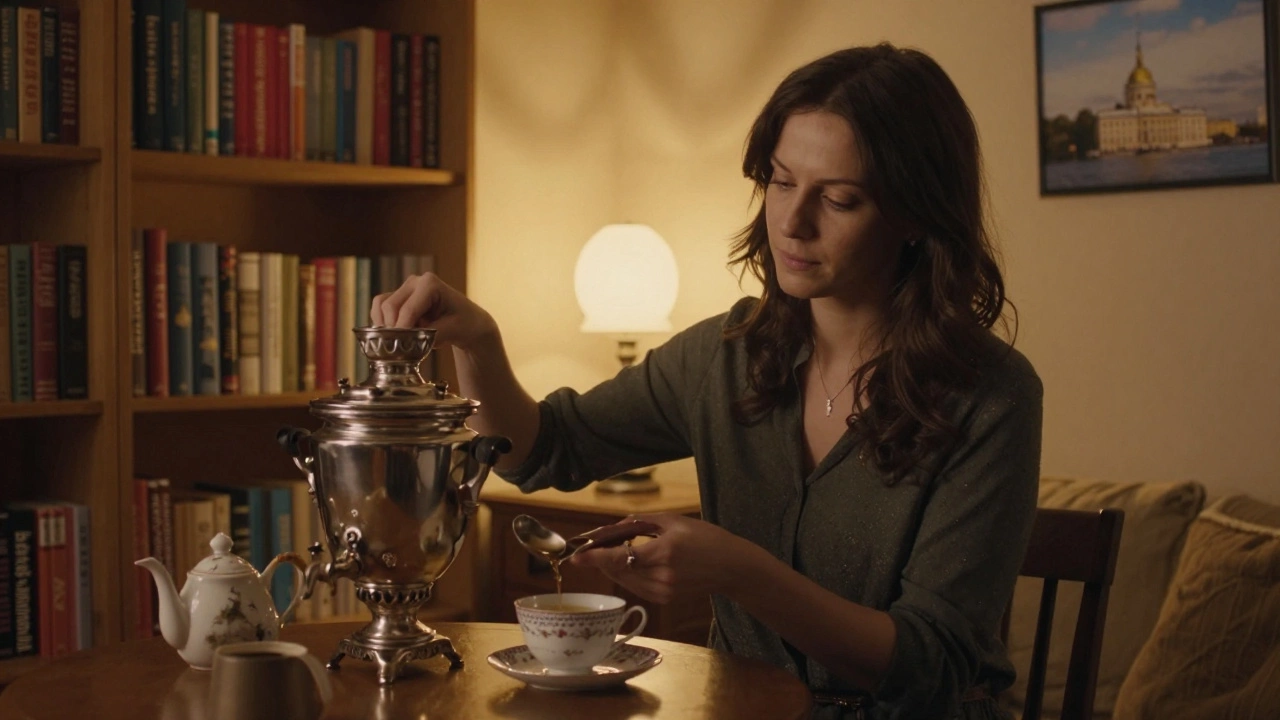 A Russian woman pouring tea from a samovar in a cozy London apartment at dusk.
