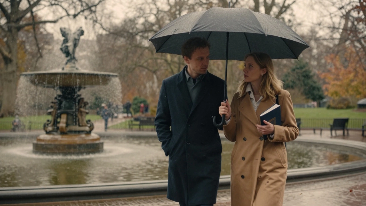 A woman and man walking together under an umbrella in Hyde Park during a gentle rain.