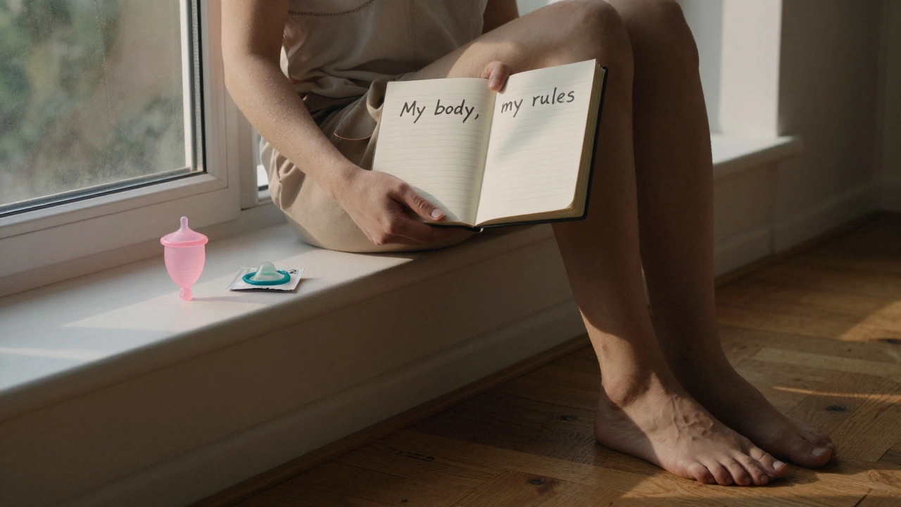Someone sitting alone by a sunlit window, holding a journal with symbols of bodily autonomy nearby.
